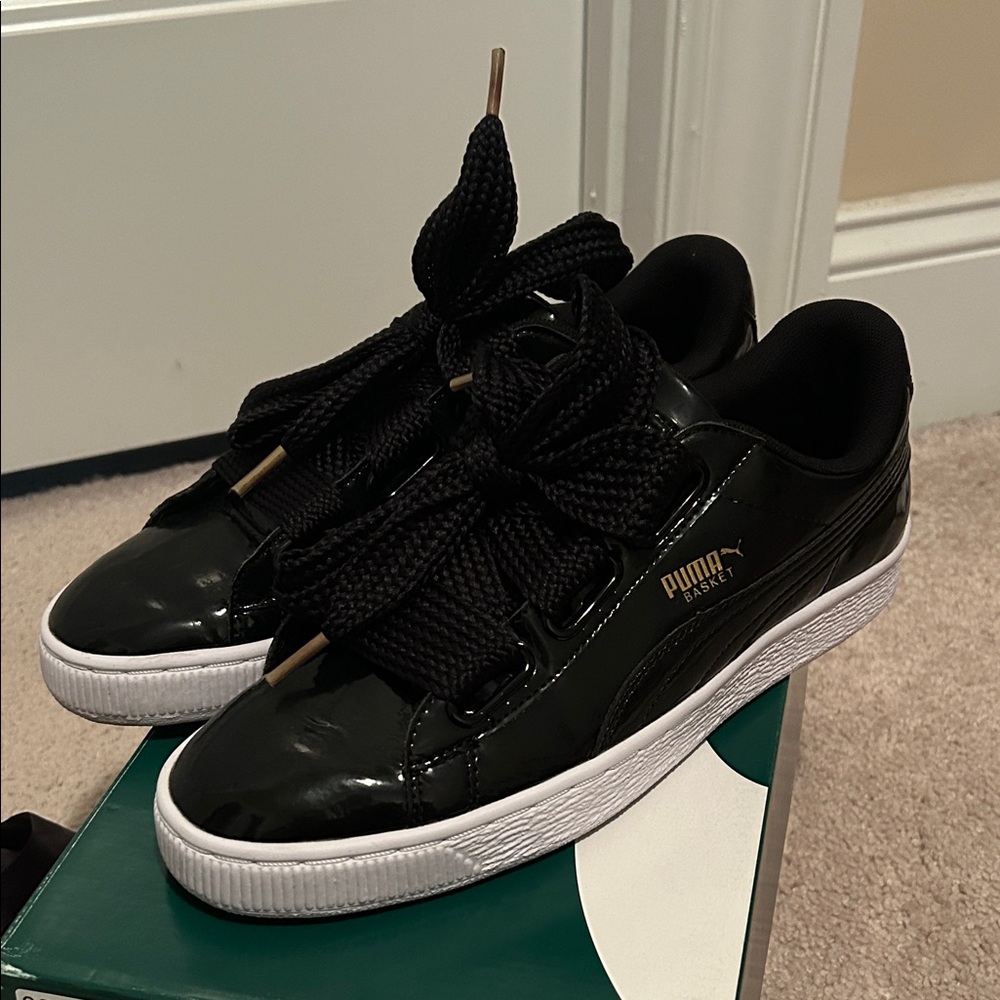 Puma “Basket Heart Patent”  Black and White Sneakers
